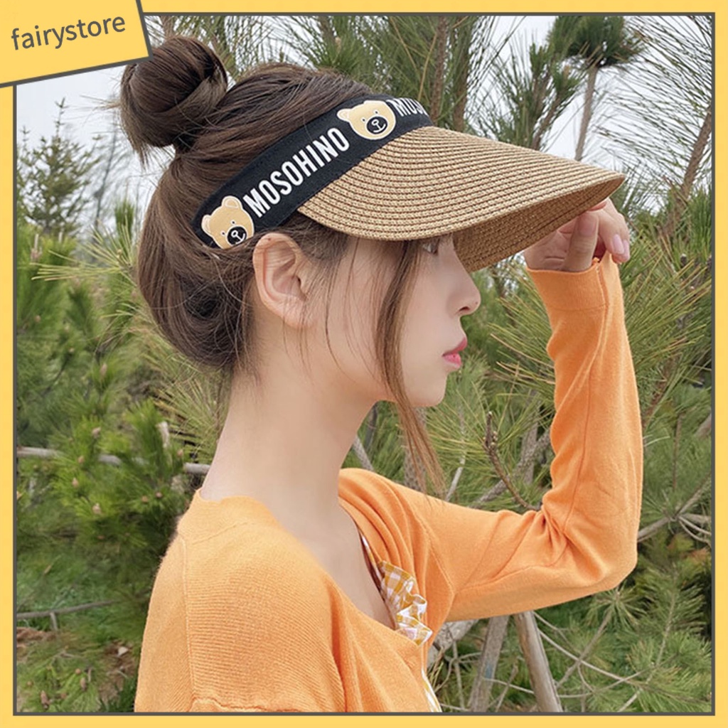 Mũ Cói Vành Rộng Hở Đầu Chống Tia Uv Họa Tiết Gấu Dễ Thương Thời Trang Mùa Hè Cho Người Lớn Và Trẻ Em