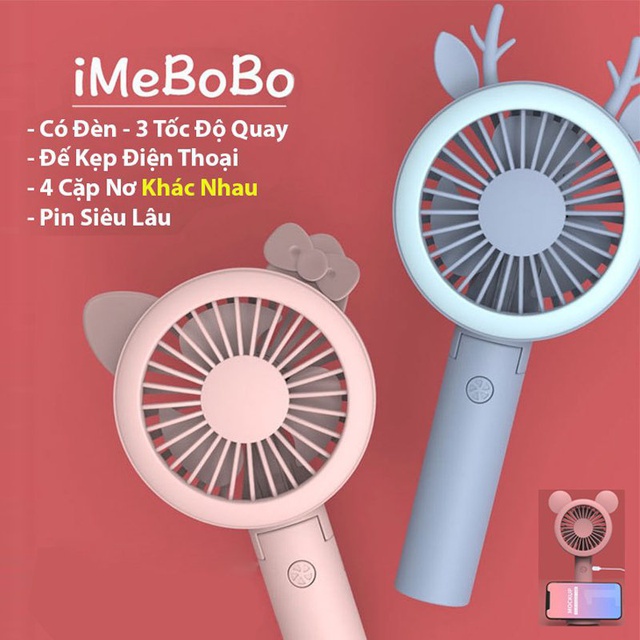 Quạt Cầm Tay IMEBOBO 3 Tốc Độ Tặng Kèm 4 Cặp Nơ Trang Trí Siêu Cute