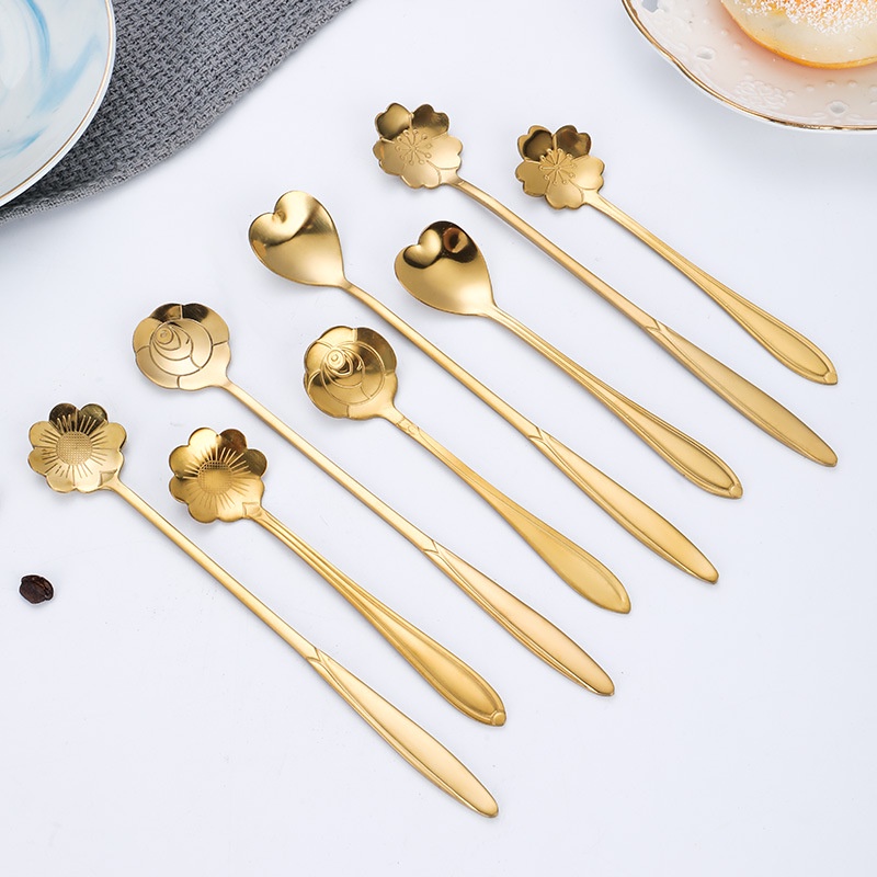 Muỗng Uống Cà Phê Tay Cầm Dài Bằng Thép Không Gỉ Trang Trí Họa Tiết Đẹp Mắt