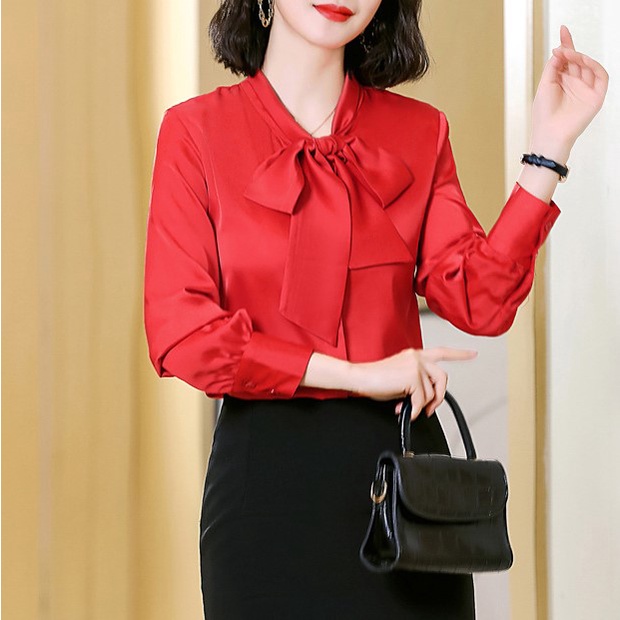 Áo Sơ Mi Kiểu Công Sở Đẹp CHIPY Tay Dài Cổ Thắt Nơ Màu Đỏ Chất Lụa Cao Cấp From Rộng Hàn Quốc Ulzzang Vintage A1D | BigBuy360 - bigbuy360.vn