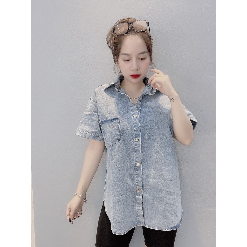 Áo sơ mi jean bò cộc tay dáng rộng cá tính, áo bò nữ tay ngắn có túi ngực
