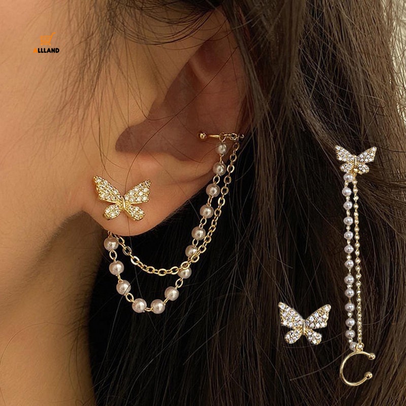 Cặp bông tai dài hình bướm đính đá bằng hợp kim phong cách Hàn Quốc thanh lịch