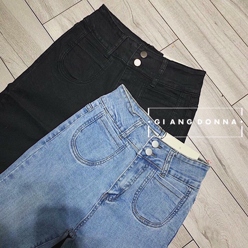 Quần Jean Nữ - Hàng VNXK, Quần Bò Chất Cotton Dáng Skinny Dài Ôm 2 Cúc, Ống Bó Cạp / Lưng Cao, 2 Màu Đen / Xanh Co Giãn | BigBuy360 - bigbuy360.vn
