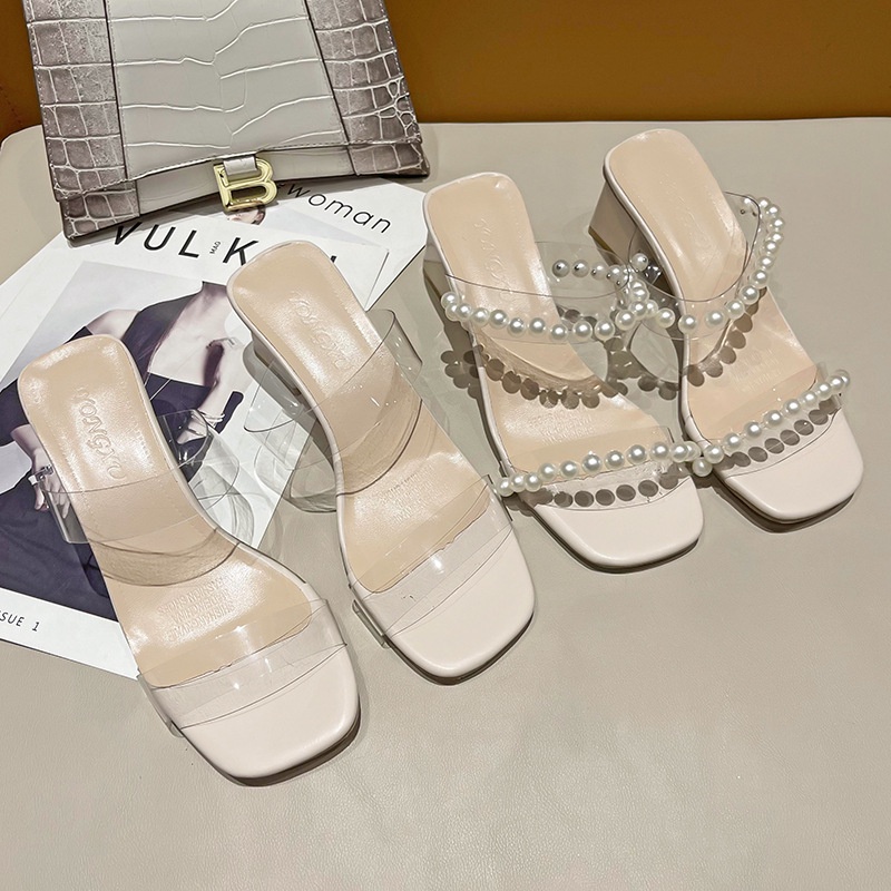 Big Size 34-42 Dép Cao Gót Quai Ngang Trong Suốt Đính Hạt Ngọc Trai Thời Trang Mùa Hè Dành Cho Nữ