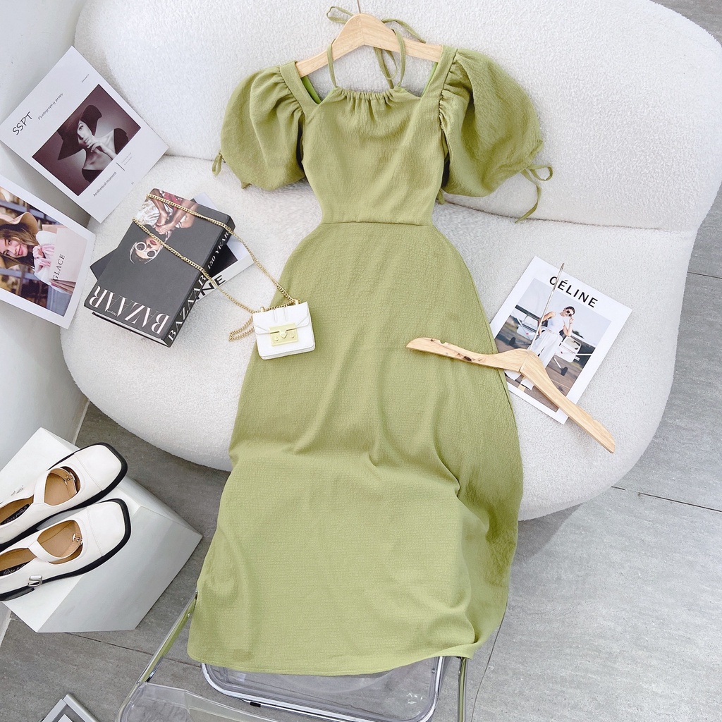 Đầm Maxi 💖DEMISS💖 Váy Maxi Xanh Cổ Yếm Dáng Dài Khoét Vai Siêu XInh - V-xanh-89