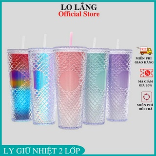 Ly nước kim cương tặng ống hút, túi trong suốt và sticker, 2 lớp chất liệu PP cao cấp cách nhiệt 2-3h