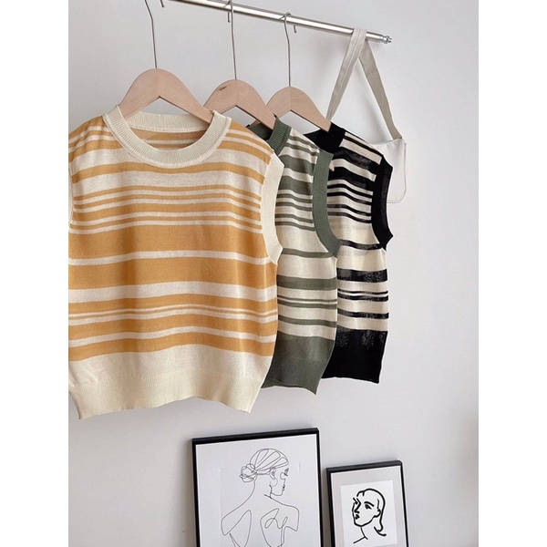 [Ảnh thật/Video]Áo mongtogi sát nách kẻ nhỏ Mina hàng Quảng Châu Áo len ba lỗ loại đẹp