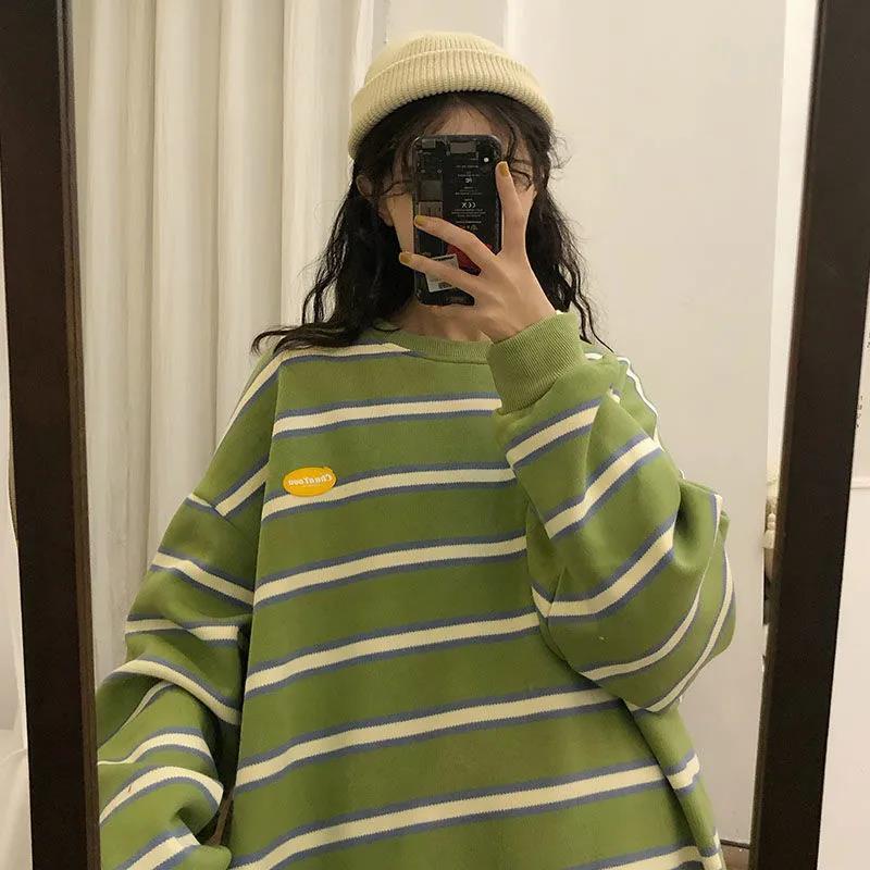 Áo sweater lông cừu dày dáng rộng kẻ sọc kiểu Hàn Quốc dễ thương cho nữ