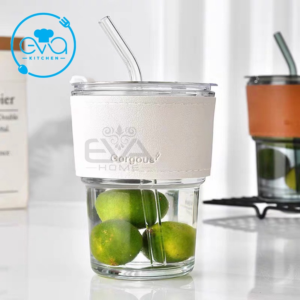 Ly Thuỷ Tinh Gorgous Bọc Da Cách Nhiệt 450Ml Có Nắp Đậy Kín Hơi Tặng Kèm Ống Hút Thuỷ Tinh Cao Cấp