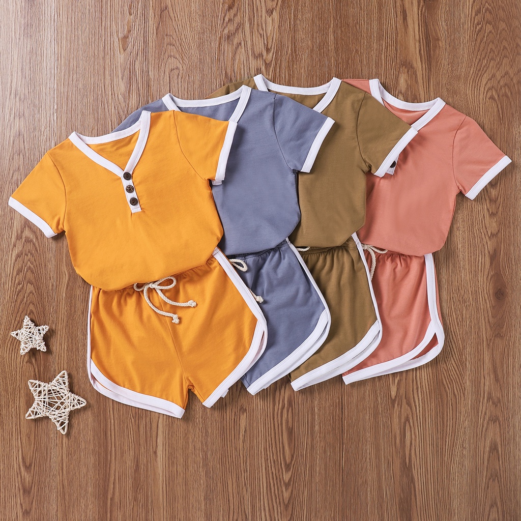 Set Đồ Mùa Hè 2 Món Gồm Áo Thun Cotton Tay Cộc + Quần Short Đơn Giản Cho Bé 1-5 Tuổi