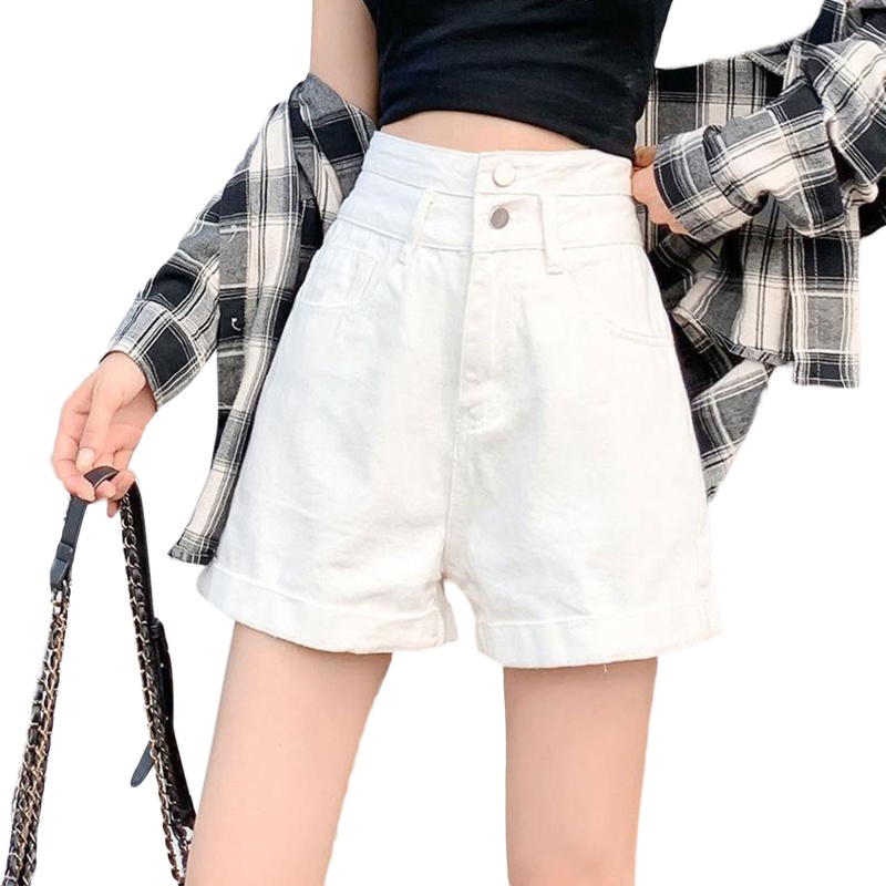 Quần Short Denim Dáng Chữ A Lưng Cao Ống Rộng Phối Hai Hàng Nút Thời Trang Mùa Hè Cho Nữ