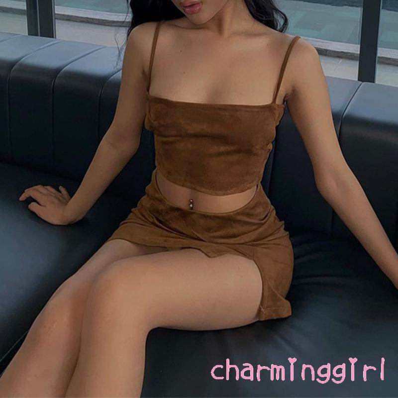 Set áo hai dây và chân váy ngắn lưng cao co giãn màu trơn thời trang mùa hè dành cho nữ