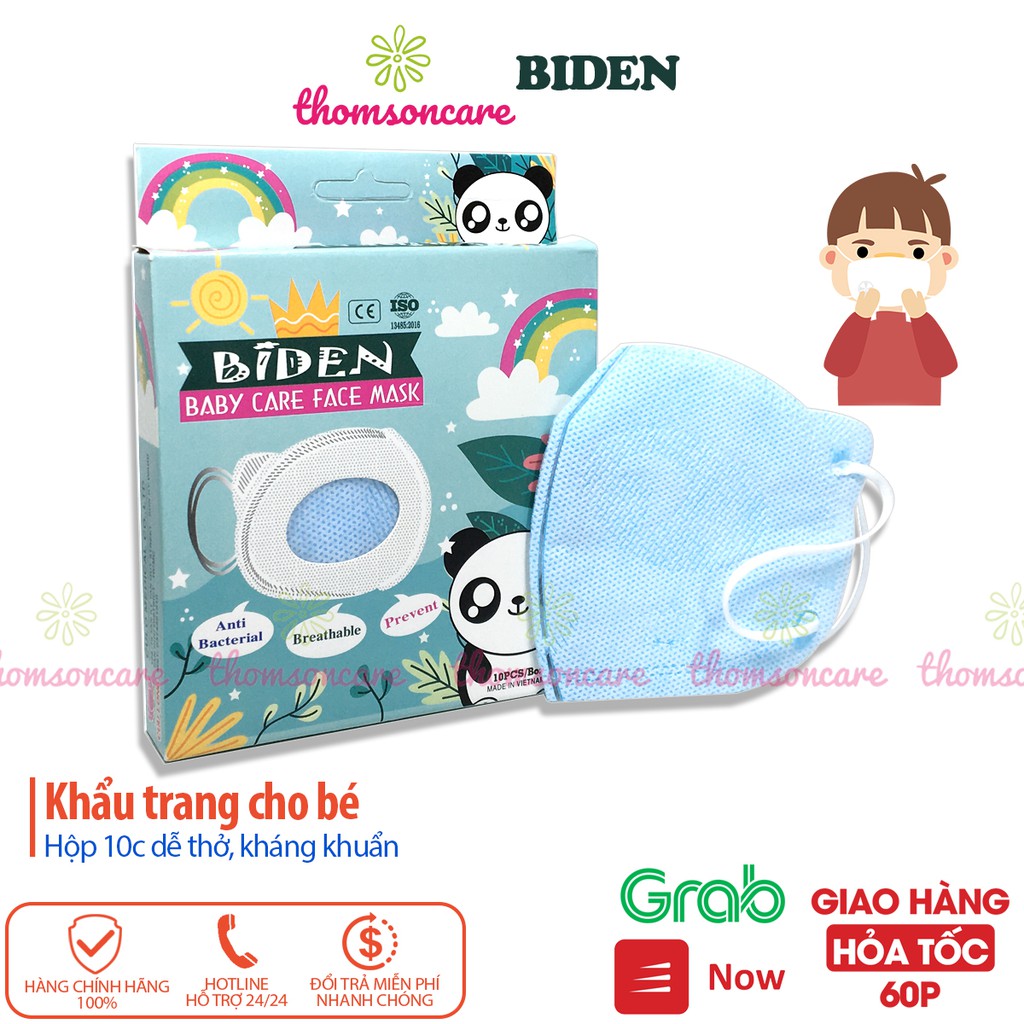 Khẩu trang cho bé - lọc bụi, kháng khuẩn, hộp 10 chiếc kt y tế một lần Biden cho trẻ từ 1 tuổi, mẫu giáo