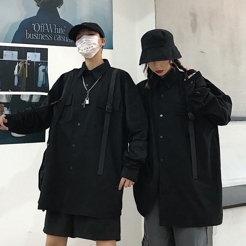 Sơ mi đen ulzzang nam nữ thiết kế dây phong cách