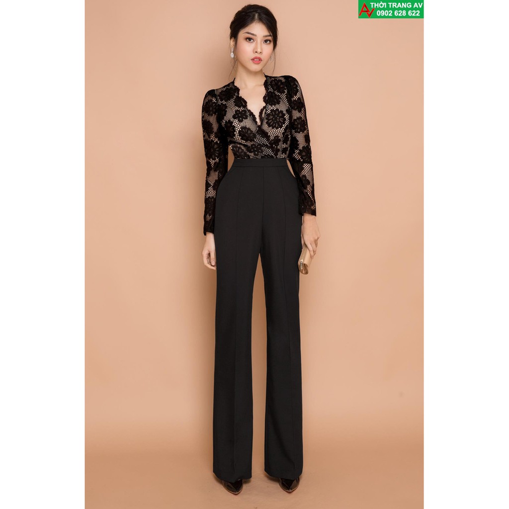 Jumpsuit - Đồ bay dài ống suông cổ V phối ren sang trọng - AV6026