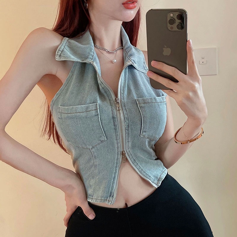 Áo Croptop Sát Nách Chất Liệu Denim Thời Trang Cho Nữ