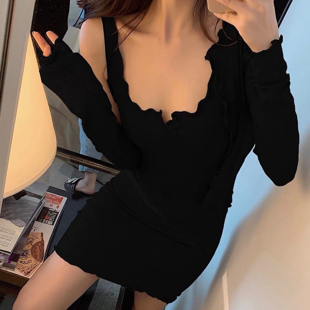Set váy body kèm áo choàng tay dài 2 màu đen ghi siêu quyến rũ