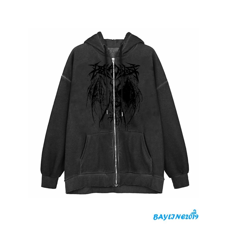 Áo Hoodie Tay Dài Dáng Rộng In Họa Tiết Ác Quỷ Phối Dây Rút Cá Tính Cho Nữ