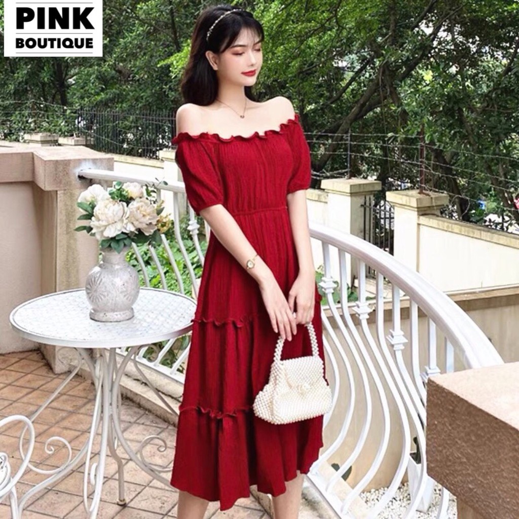 Váy Trễ Vai Dài Đầm Dáng Xòe  Dự Tiệc Bệt Vai Maxi Big Size Đũi Nhăn Thiết Kế PINKBOTIQUE