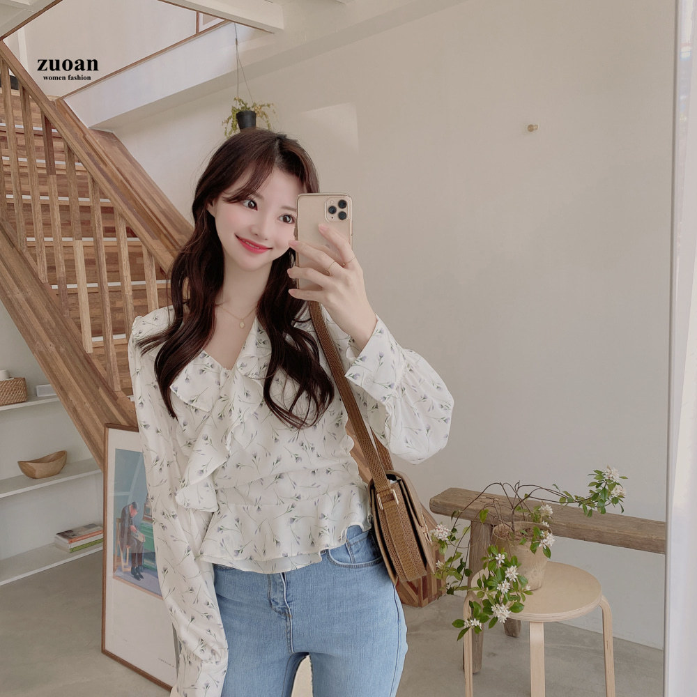 SUXI Áo kiểu dài tay chất liệu chiffon họa tiết dễ thương cho nữ