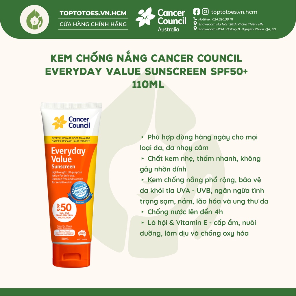 Kem chống nắng hàng ngày Cancer Council Everyday Value Sunscreen SPF50+ dành cho mọi loại da 110ml