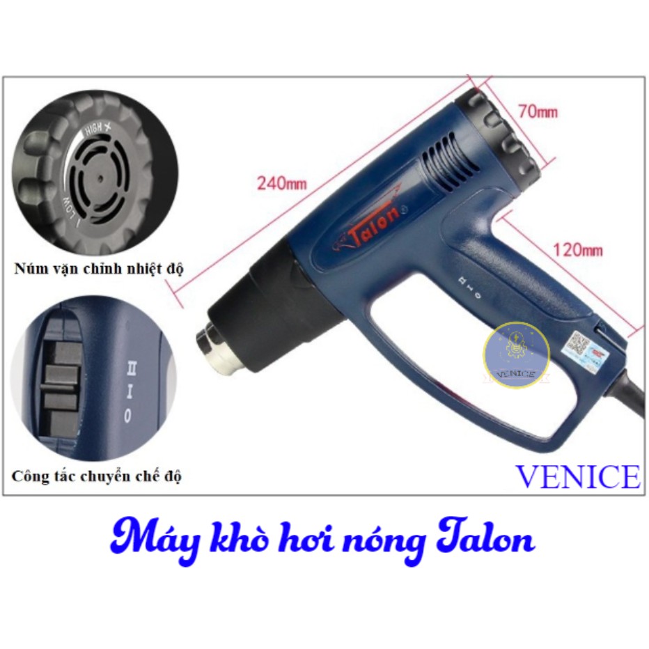 Máy khò hơi nóng Talon - Máy khò màng co - Dùng điện 220V - Công suất 2000W - Bảo hành 12 tháng- Tặng kèm 2 đầu thổi hơi