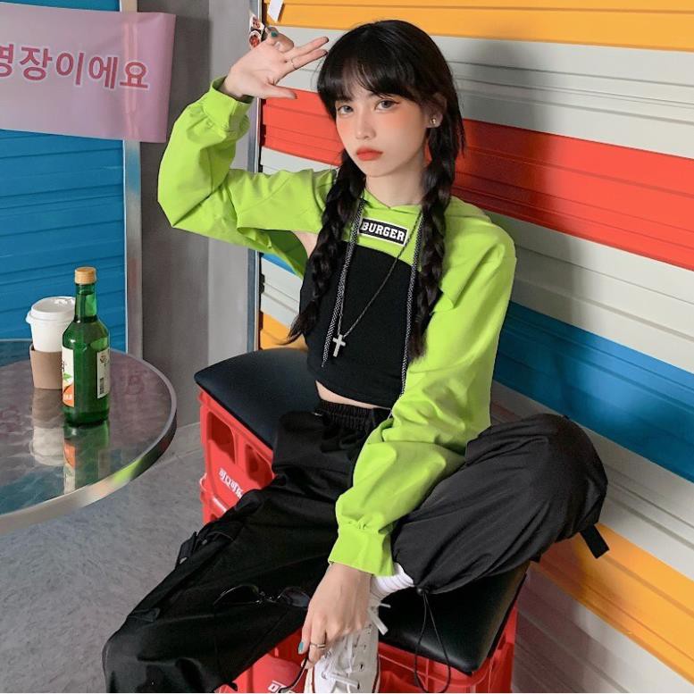 SET 2 MÓN Áo CROPTOP HOODIE BURGER Dài Tay Xanh Đen Xám mix Áo Body Đen Hot Đẹp 💝