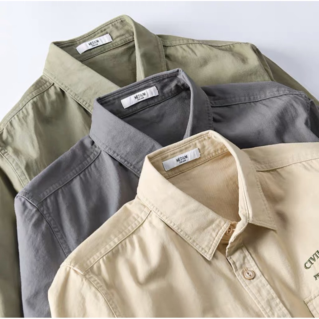 Áo Sơ mi kaki 3 màu xám, kem, xanh - chất kaki dày dặn