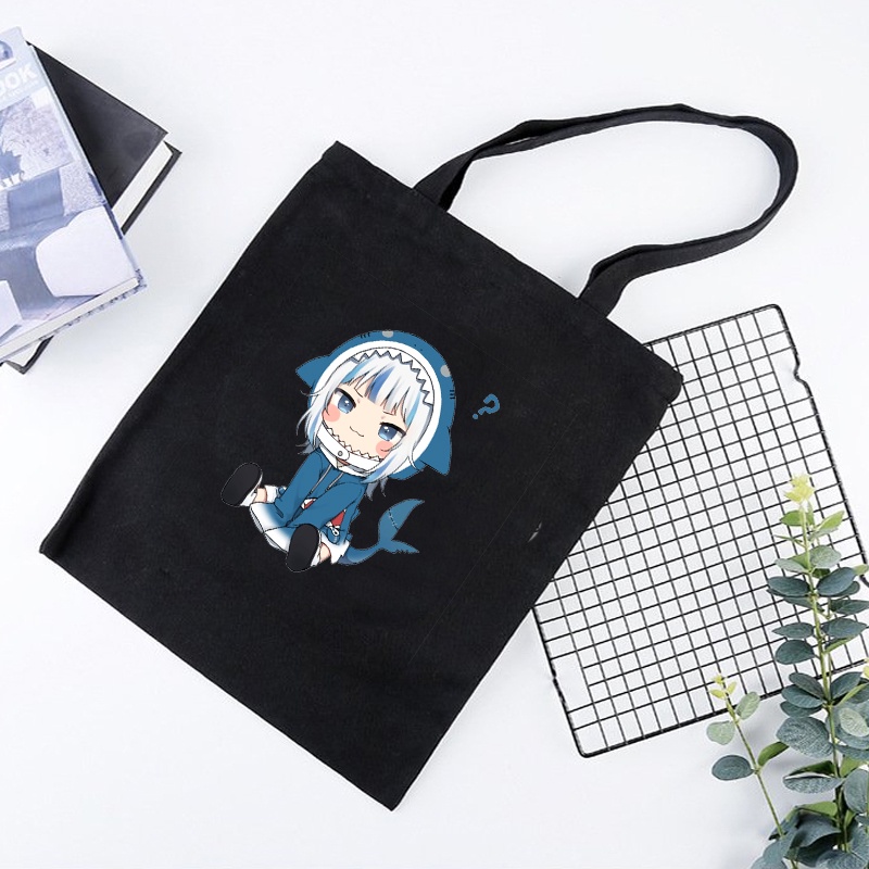 Túi tote vải đen đeo vai in hình GAWR GURA Hololive Vtuber phong cách anime chibi tiện lợi thời trang