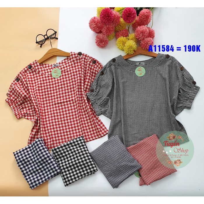 Áo caro tay dơi bo thun cầu vai nút