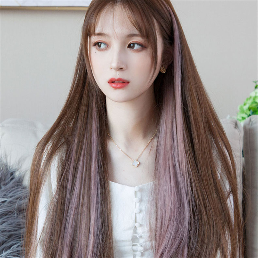 [COD] New Color Hang Ear One Piece Style Highlights Imitate Straight Hair Dye Wig for Women