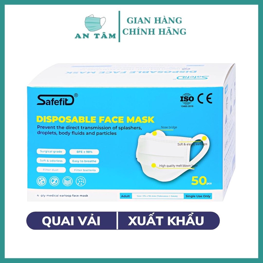 Hộp 50 Cái Khẩu Trang SAFEFIT 4 Lớp, Quai Vải Bản To Siêu Mềm, Kháng Khuẩn Vượt Trội, Không Mùi, Không Xù Lông