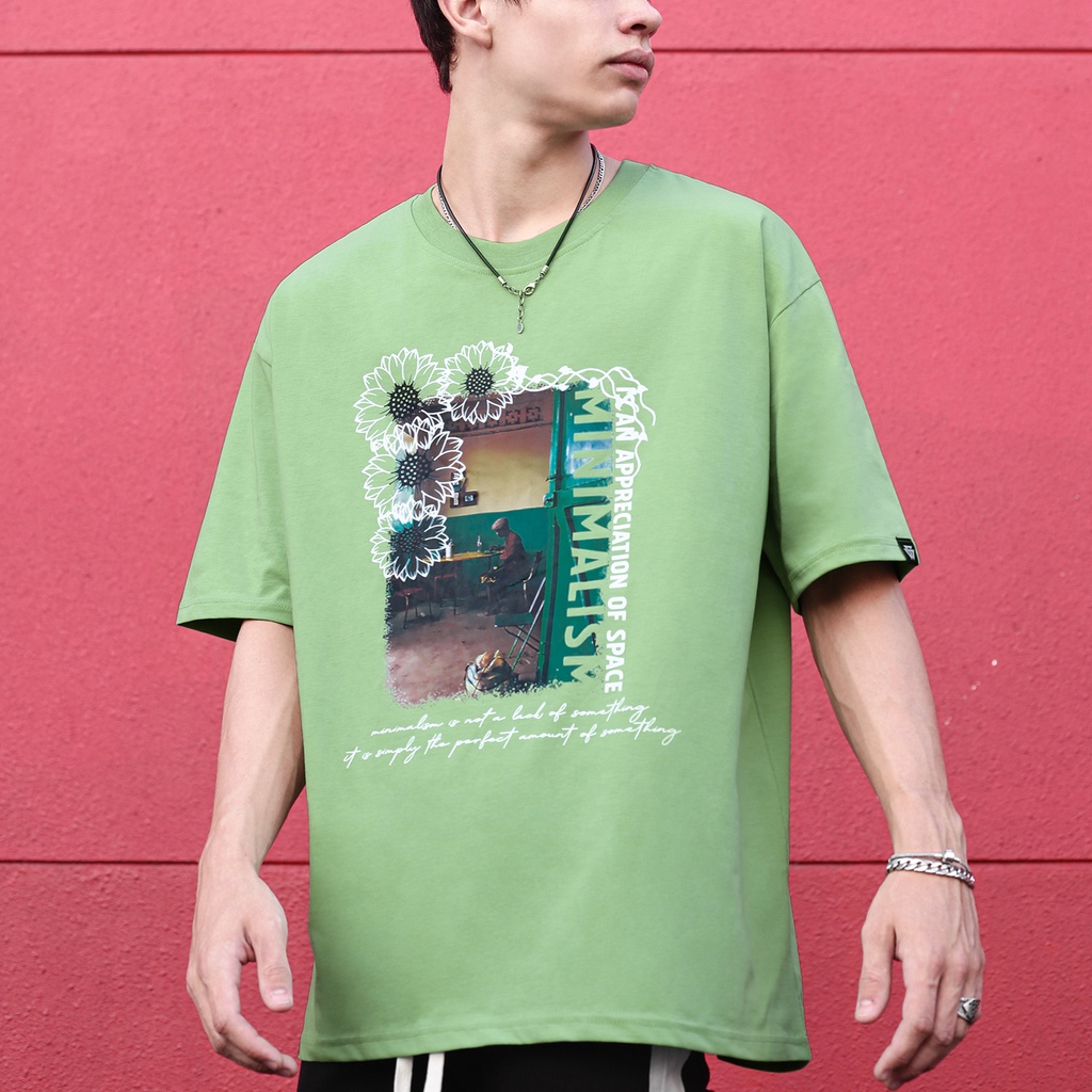 Áo Thun Minimalism Màu Xanh Lá In Hình Chất Liệu 100% Cotton Thoáng Mát Form Rộng Thoải Mái