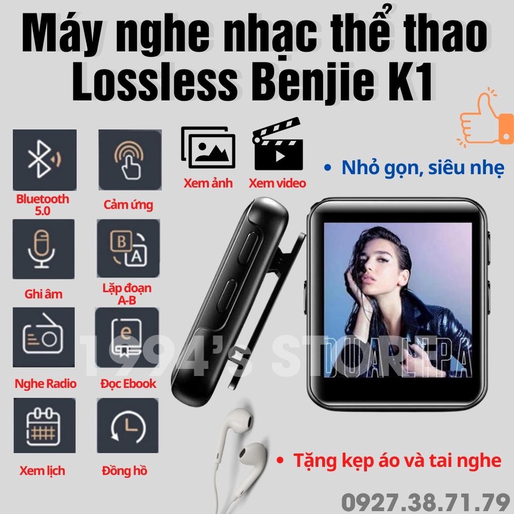 (CÓ SẴN) Máy nghe nhạc Benjie K1 16Gb - Bluetooth 5.0 - Bản 2022 - Màn hình cảm ứng IPS HD - Tặng kèm kẹp áo + tai nghe