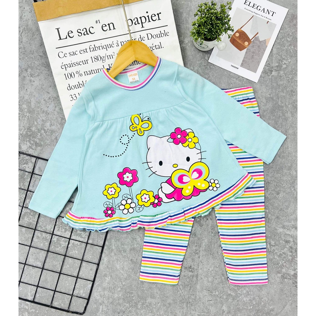 Bộ dài tay thun cotton phối màu in hình siêu xinh đẹp cho bé gái từ 10 đến 22kg - Bộ quần áo trẻ em