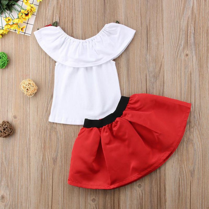 Bộ áo trễ vai in hoa + Chân váy ngắn cho bé gái