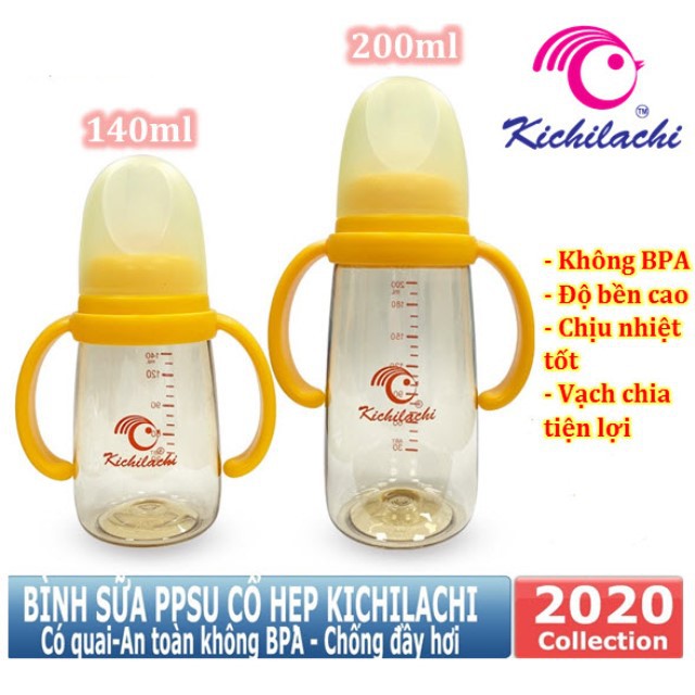 Bình sữa PPSU cổ hẹp cao cấp 140ml có tay cầm KICHILACHI (Công nghệ Nhật)