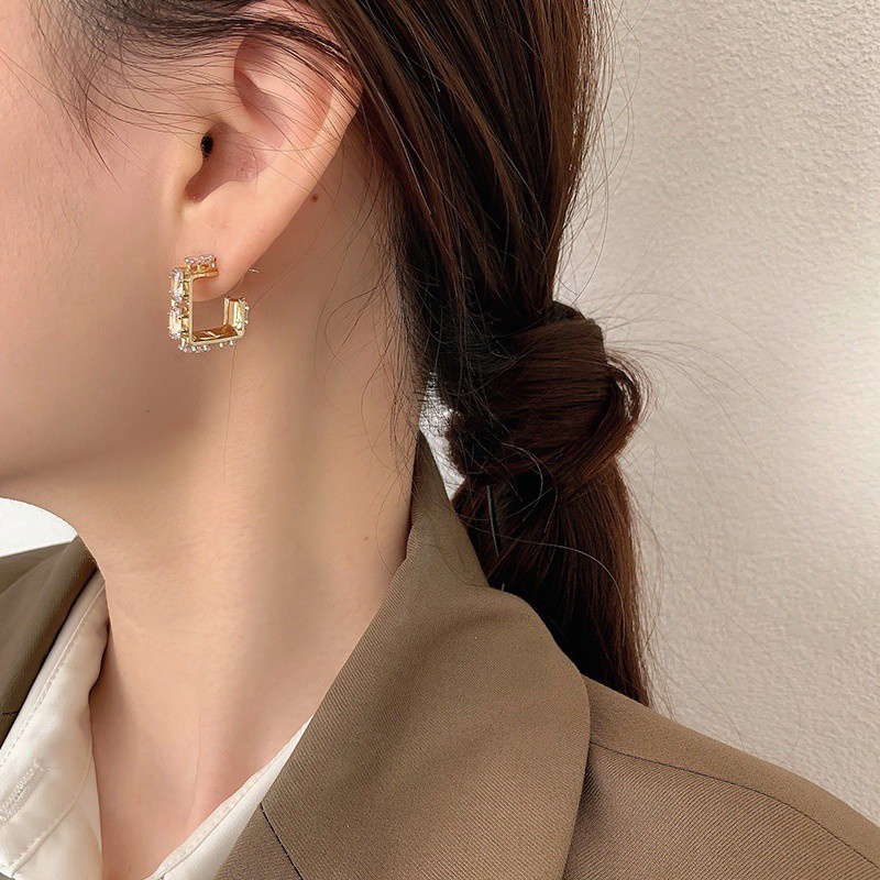 Bông Tai Hình Vuông Đính Đá Lấp Lánh Phong Cách Hàn Quốc Dành Cho Nữ