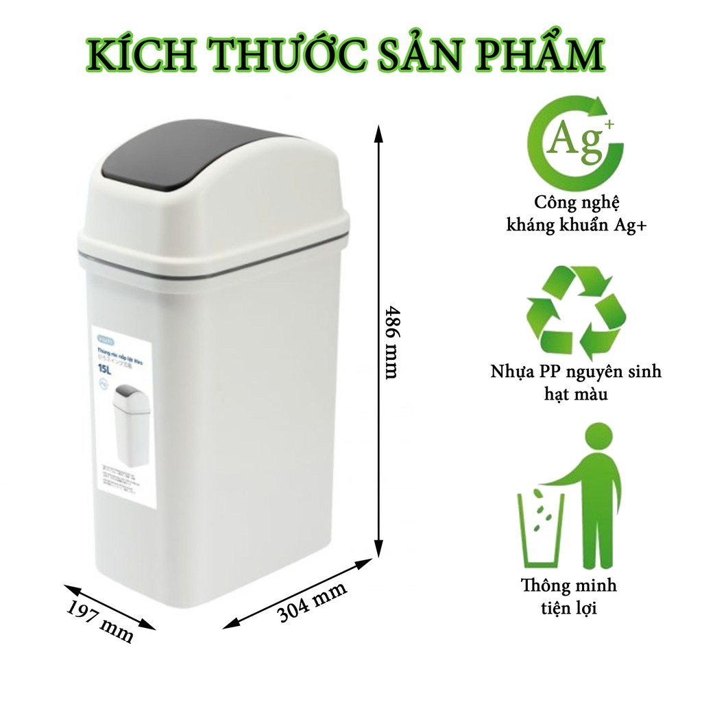 Thùng rác INOCHI Hiro nắp lật 15L (kèm ruột ) thông minh văn phòng nhà bếp, chống mùi hôi