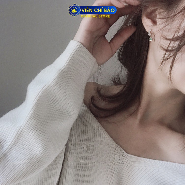 Bông tai bạc nữ hình chuỗi cầu vuông xanh lá chất liệu bạc 925 thời trang phụ kiện trang sức Viễn Chí Bảo B400108