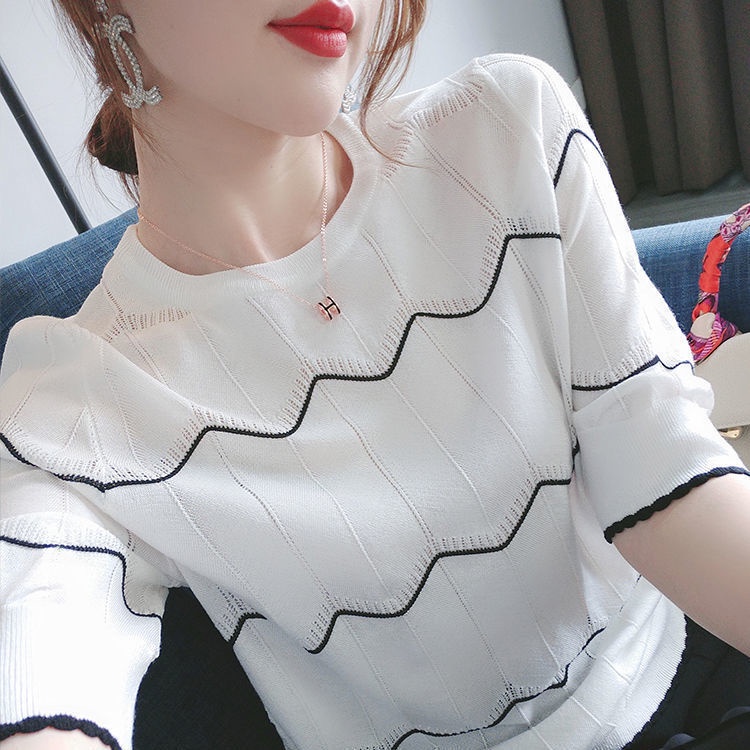 Áo Thun Dệt Kim Tay Ngắn Cổ Tròn Thời Trang Mùa Hè Phong Cách Hàn Quốc Cho Nữ