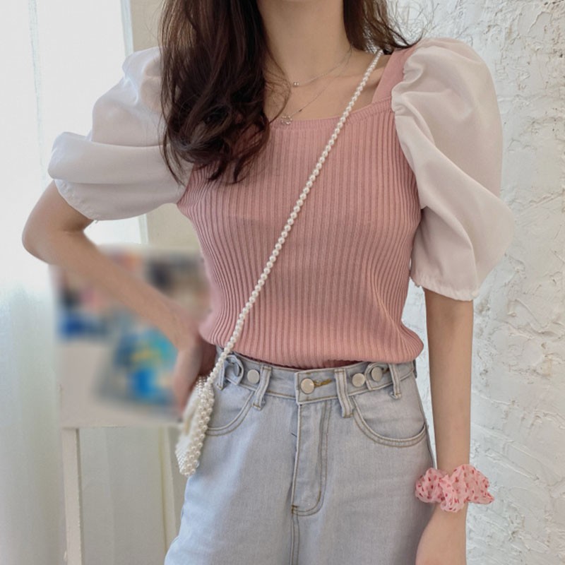 Áo Kiểu Tay Phồng Cổ Vuông Phong Cách Retro