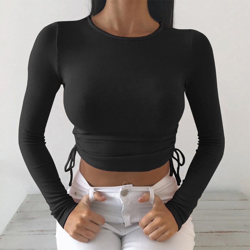 Áo Croptop Tay Dài Cổ Tròn Màu Trơn Dáng Ôm Thời Trang Mùa Thu Cho Nữ