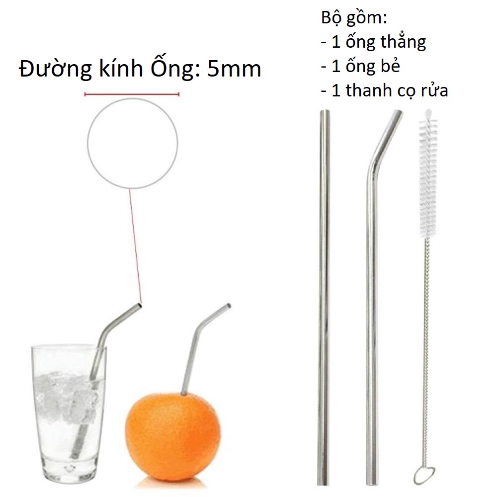 Bộ ống hút Inox (2 Ống hút+1 cọ rửa)dùng nhiều lần cho Bình Ly Cốc giữ cách nhiệt uống nước