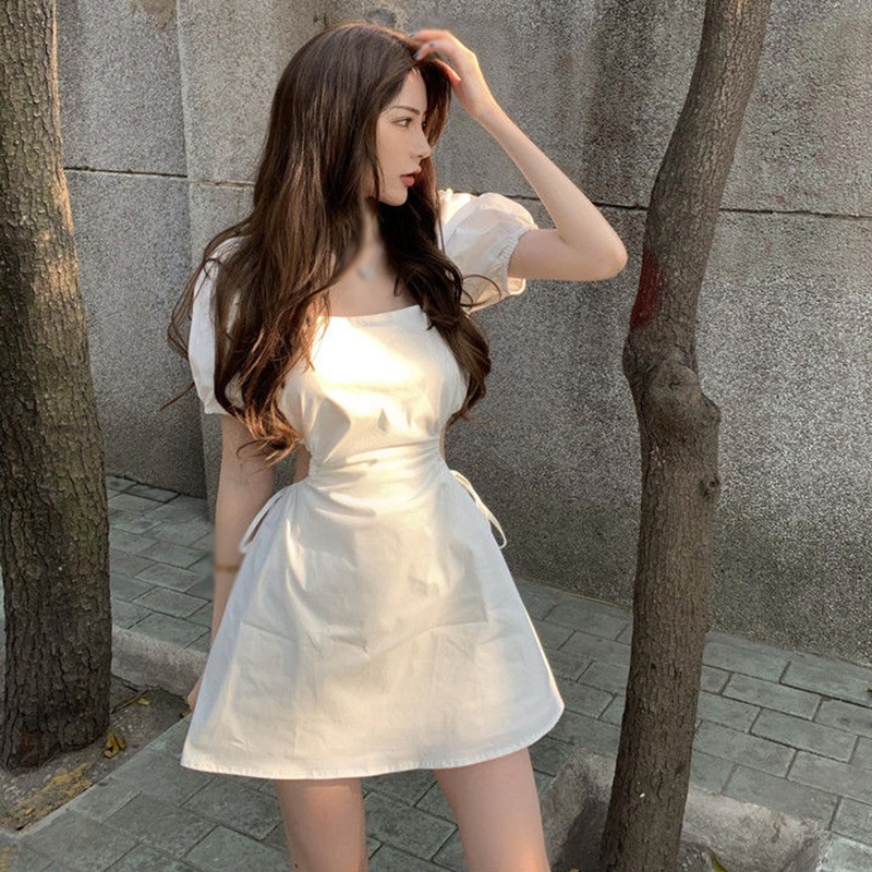 Đầm Ôm Tay Phồng Cổ Vuông Hở Lưng Màu Sắc Trơn Phong Cách Hàn Quốc Thời Trang Cho Nữ
