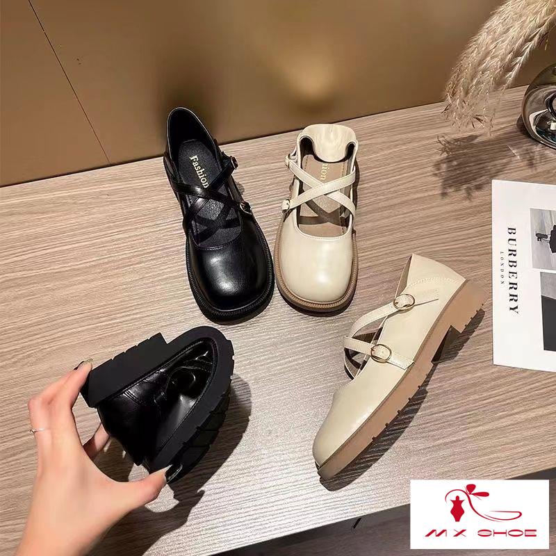 M & X ~  Giày Da Mũi Tròn Phong Cách Retro Pháp Cho Nữ