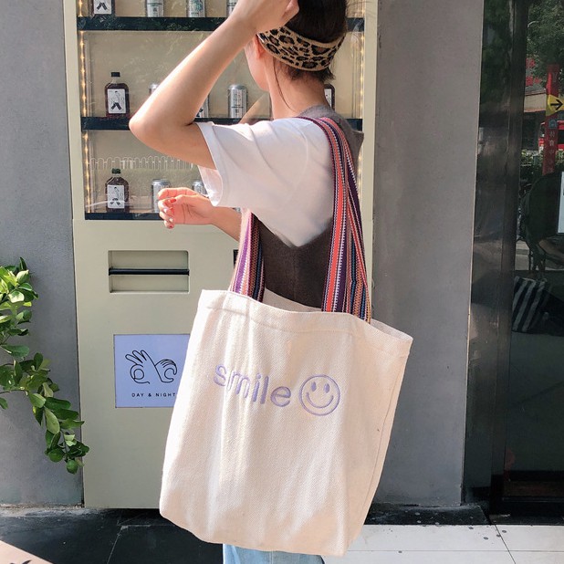 [CÓ SẴN] TÚI TOTE CHẤT VẢI DÀY THÊU CHỮ SMILE TÍM