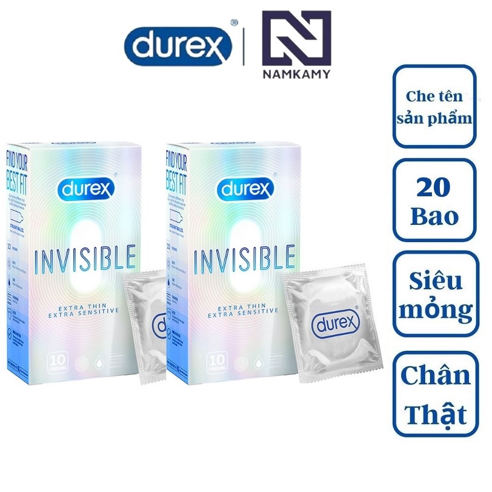 Combo bao cao su chính hãng Durex Invisible Extra Thin Extra Sensitive, bao cao su siêu mỏng nhiều gel NAMKAMY BS40