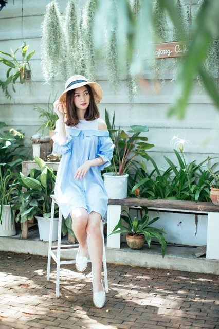 Đầm sơ mi bẹt vai phối vải Marc Fashion | BigBuy360 - bigbuy360.vn