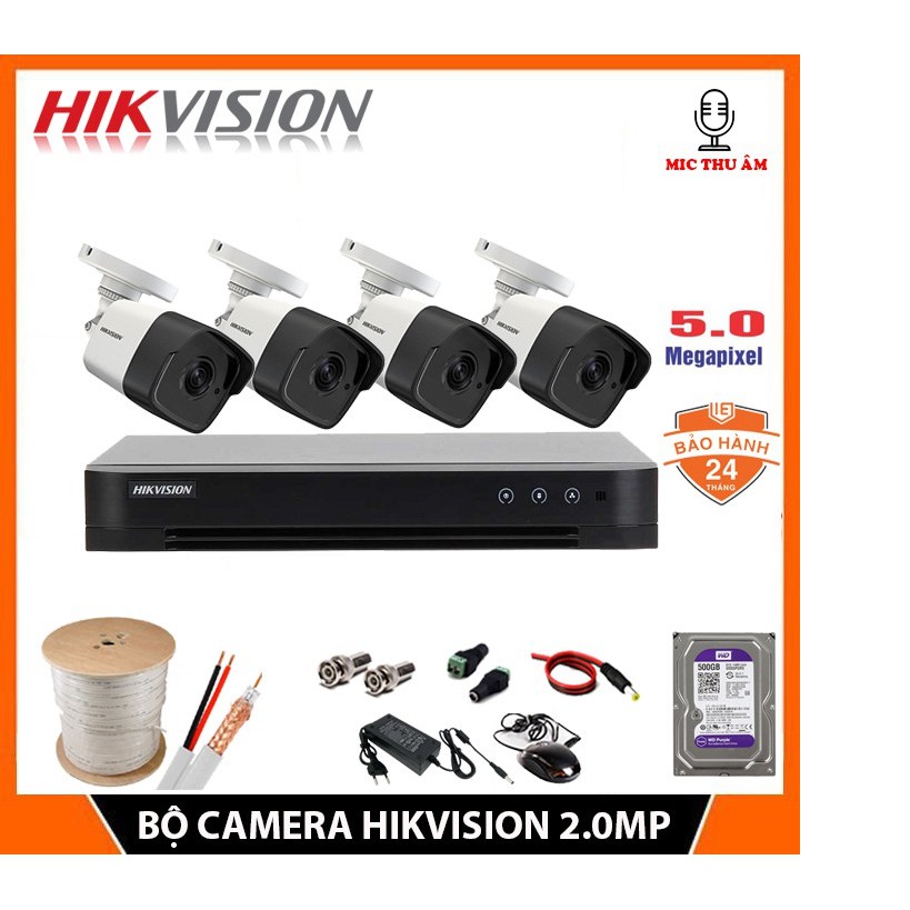 Bộ Camera Hikvision 5.0 MP (2k) Chính hãng - Có Micro + Tặng kèm HDD (500gb/ 1tb/ 2tb)+ Đầy đủ phụ kiện Lắp đặt